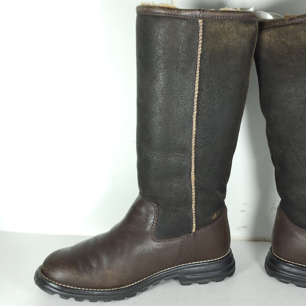 UGG Womens Brooks US7 Tall Brown Leather Shearling Sherpa PullOn Boots - Picture 6 of 16